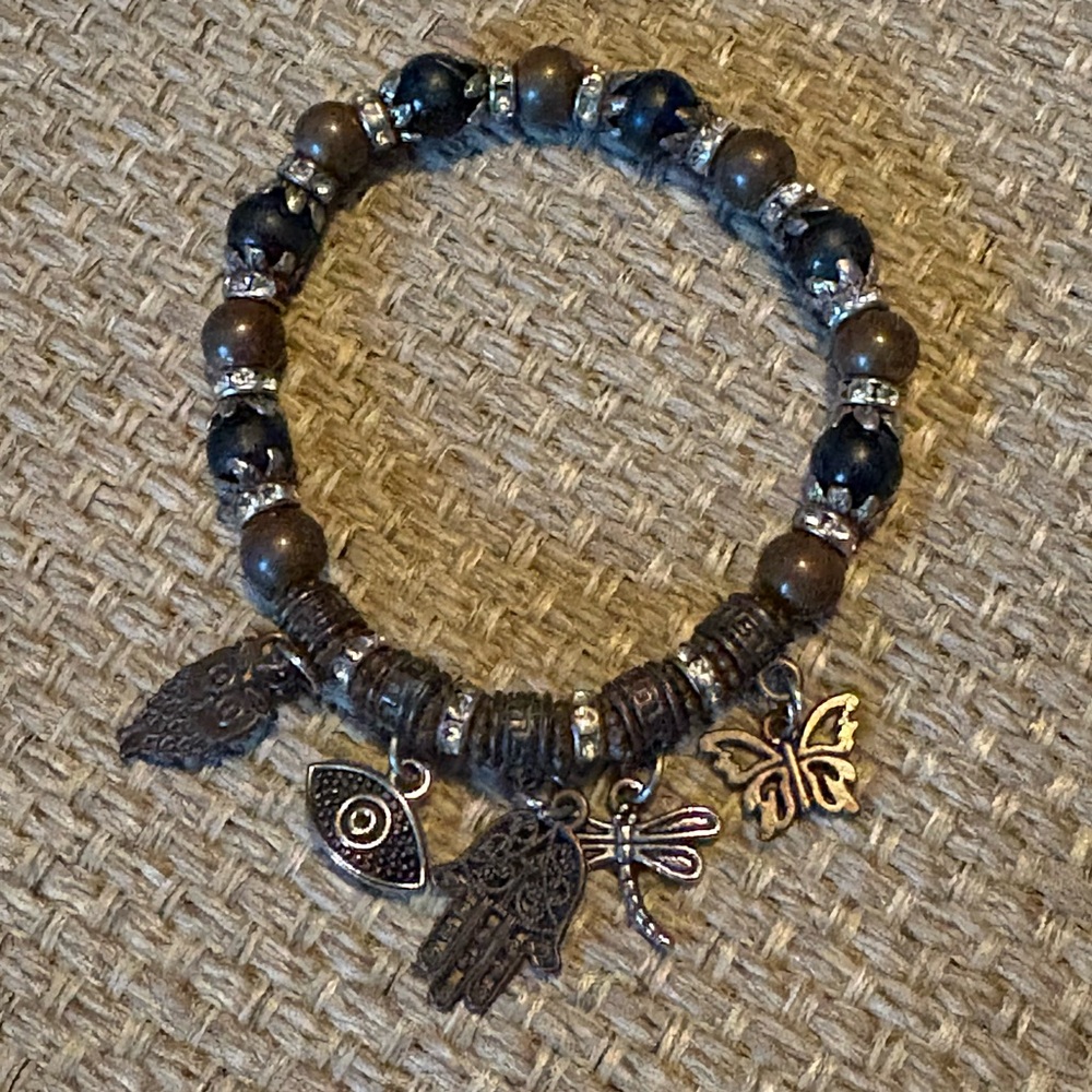 Stretch Charm Bracelet Beaded Owl Evil Eye Hamsa Owl Dragonfly Butterfly Crystal